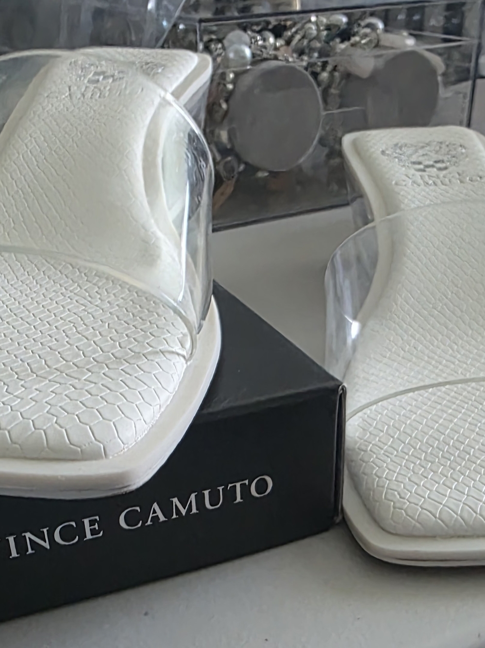 Vince Camuto White Slides with Clear PVC Strap